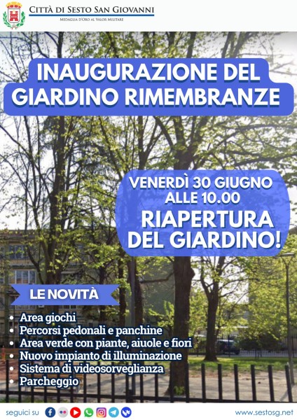 Sesto - Riapre il giardino di via Rimembranze: venerdì 30 giugno alle ore 10