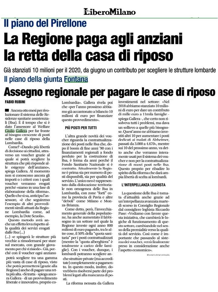 La Regione paga agli anziani la casa di riposo